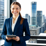 **

A professional businesswoman in a tailored navy blue business suit, standing confidently in a modern, sunlit office. Background features a cityscape view through a large window. She is holding a tablet and smiling slightly. Fully clothed, appropriate attire, safe for work, perfect anatomy, natural proportions, professional photography, high quality, family-friendly.

**