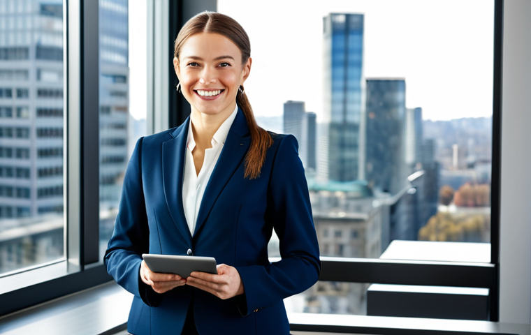 **
A professional businesswoman in a tailored navy blue business suit, standing confidently in a modern, sunlit office. Background features a cityscape view through a large window. She is holding a tablet and smiling slightly. Fully clothed, appropriate attire, safe for work, perfect anatomy, natural proportions, professional photography, high quality, family-friendly.
**
