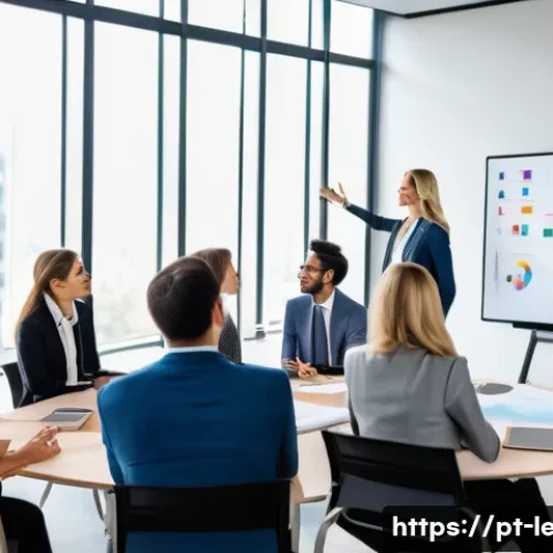 Home 32 리더십 코치의 이론과 실무의 균형 - A diverse group of professional business leaders engaged in an interactive coaching session inside a...
